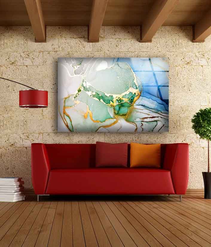 Green Blue & Gold Abstract Design Acrylic Glass Print Tempered Glass Wall Art 100% Made in Australia Ready to Hang