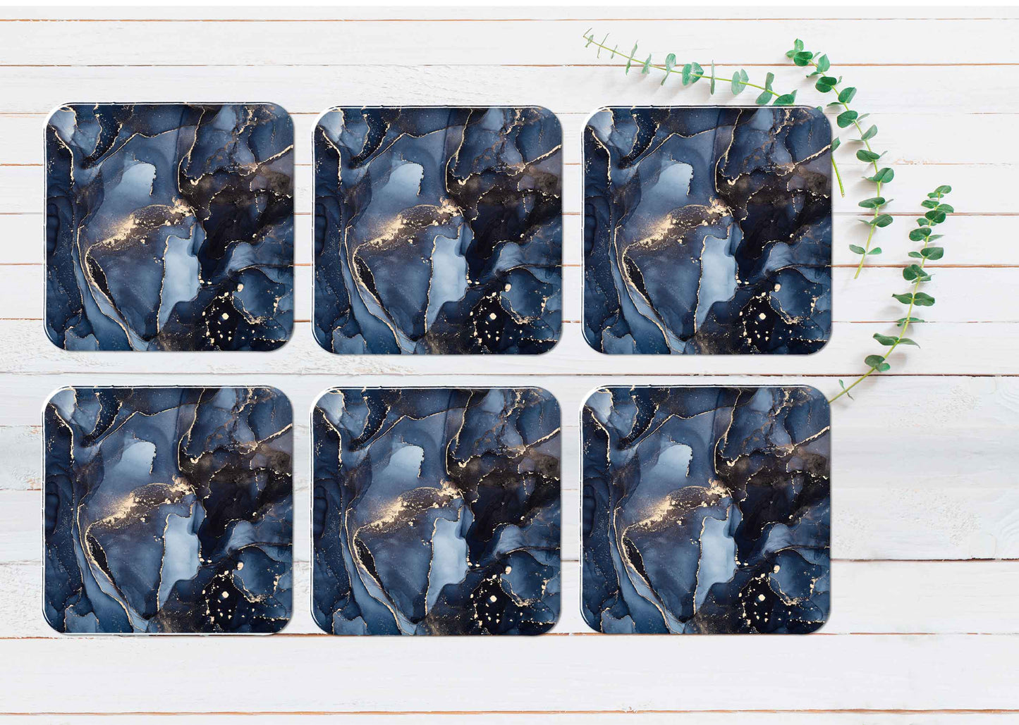 Black Blue & Gold Splash Abstract Coasters Wood & Rubber - Set of 6 Coasters