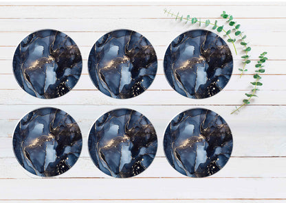 Black Blue & Gold Splash Abstract Coasters Wood & Rubber - Set of 6 Coasters