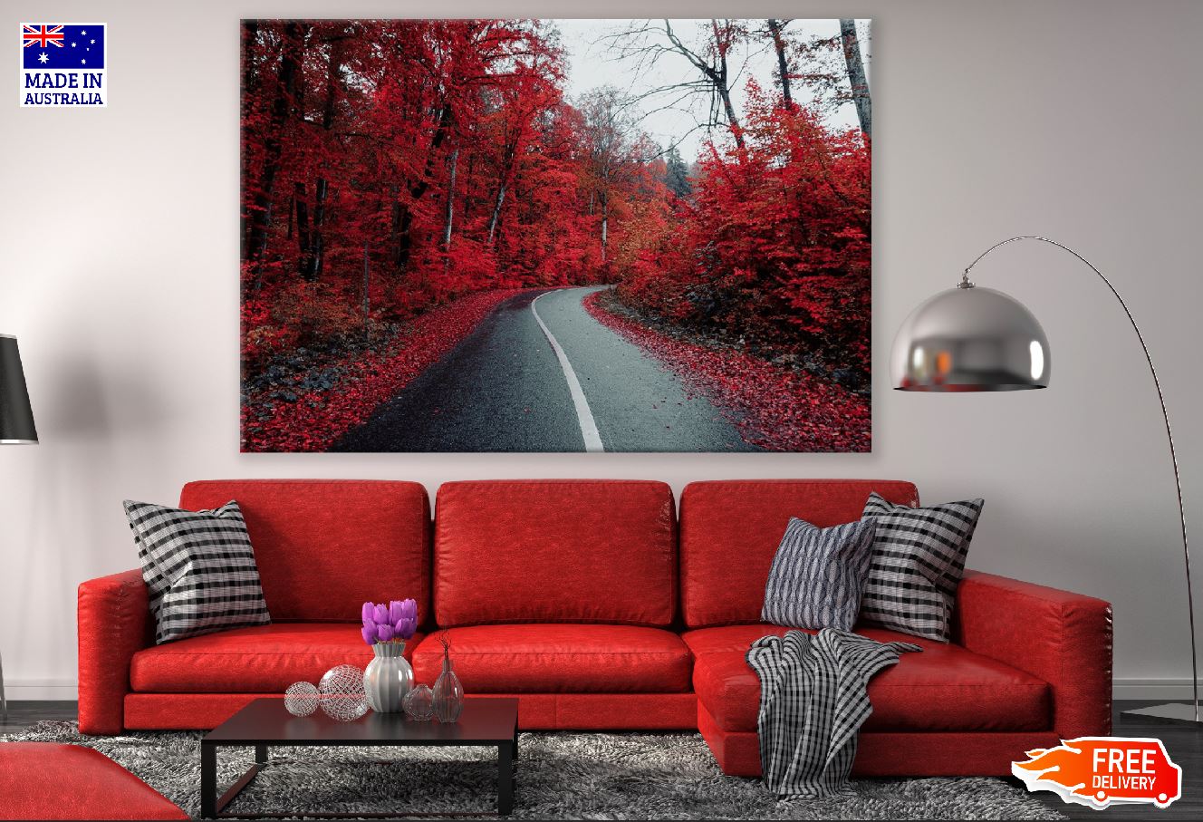 Road Covered Autumn Red Leaves Trees Forest Photograph Print 100% Australian Made