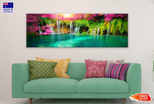 Panoramic Canvas Colourful Waterfall & Forest High Quality 100% Australian made wall Canvas Print ready to hang