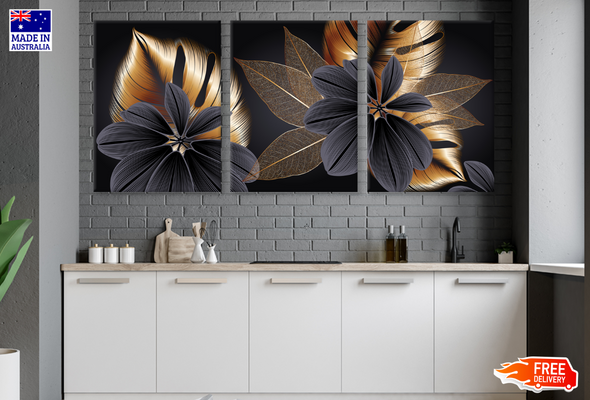 3 Set of Gold & Black Floral Design High Quality print 100% Australian made wall Canvas ready to hang