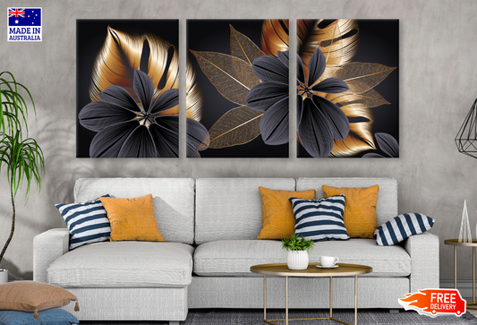 3 Set of Gold & Black Floral Design High Quality print 100% Australian made wall Canvas ready to hang