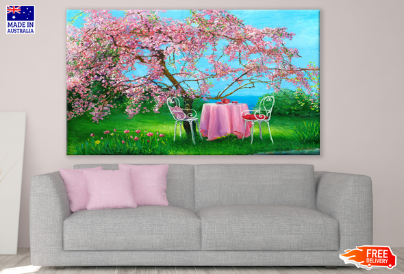 Tea Tabel And Chairs Under Cherry Blossom Tree Painting Print 100% Australian Made