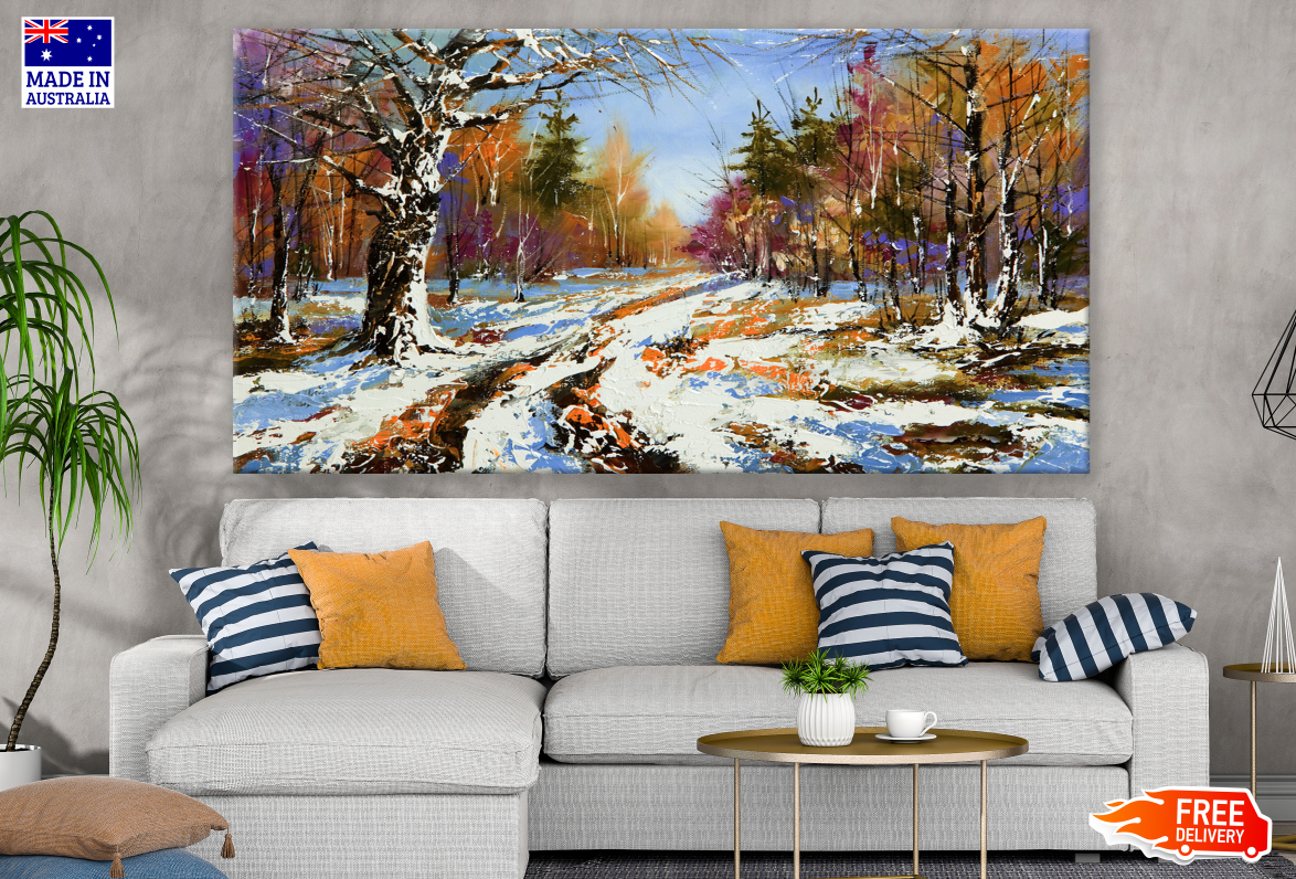 Snowy Road in Forest Painting Print 100% Australian Made