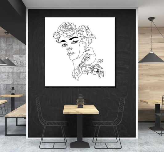 Square Canvas Face with Floral & Bird Line Art High Quality Print 100% Australian Made