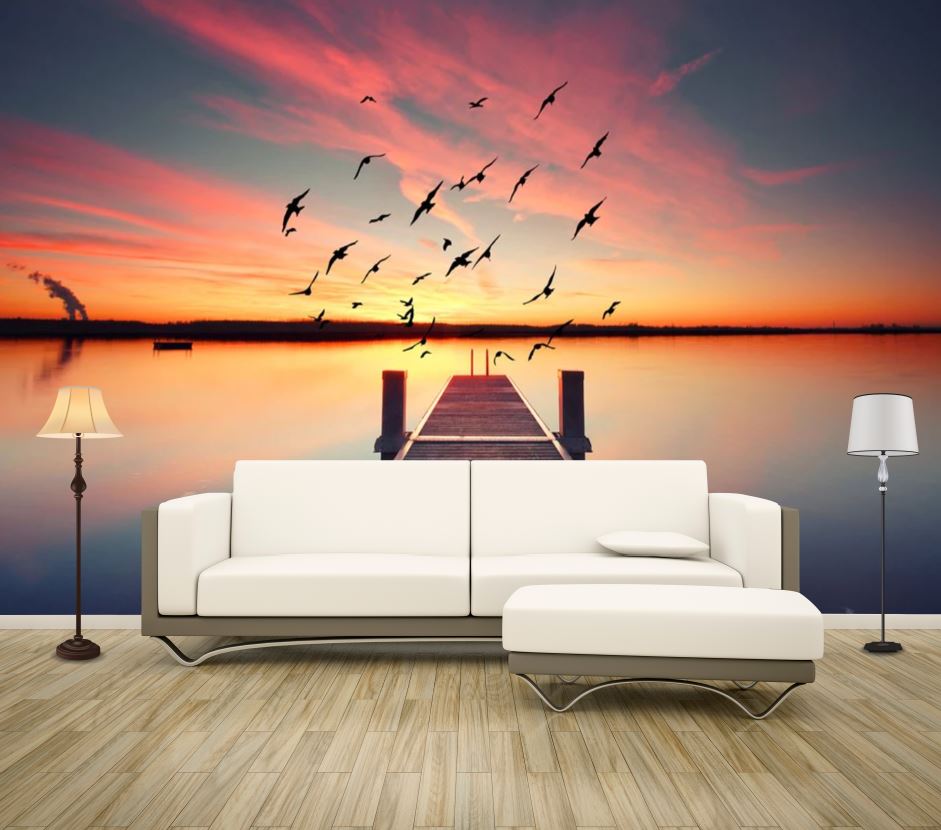 Wallpaper Murals Peel and Stick Removable Wooden Pier Over Beach at Sunset with Flying Birds Photograph High Quality