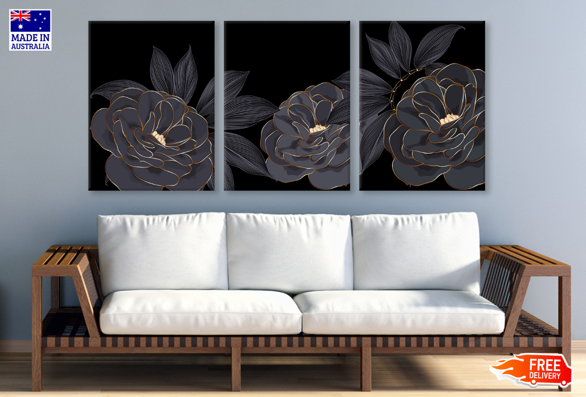 3 Set of Gold & Black Floral Design High Quality print 100% Australian made wall Canvas ready to hang