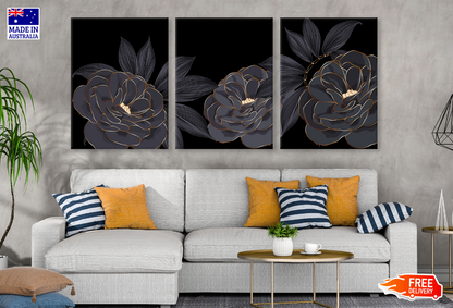 3 Set of Gold & Black Floral Design High Quality print 100% Australian made wall Canvas ready to hang