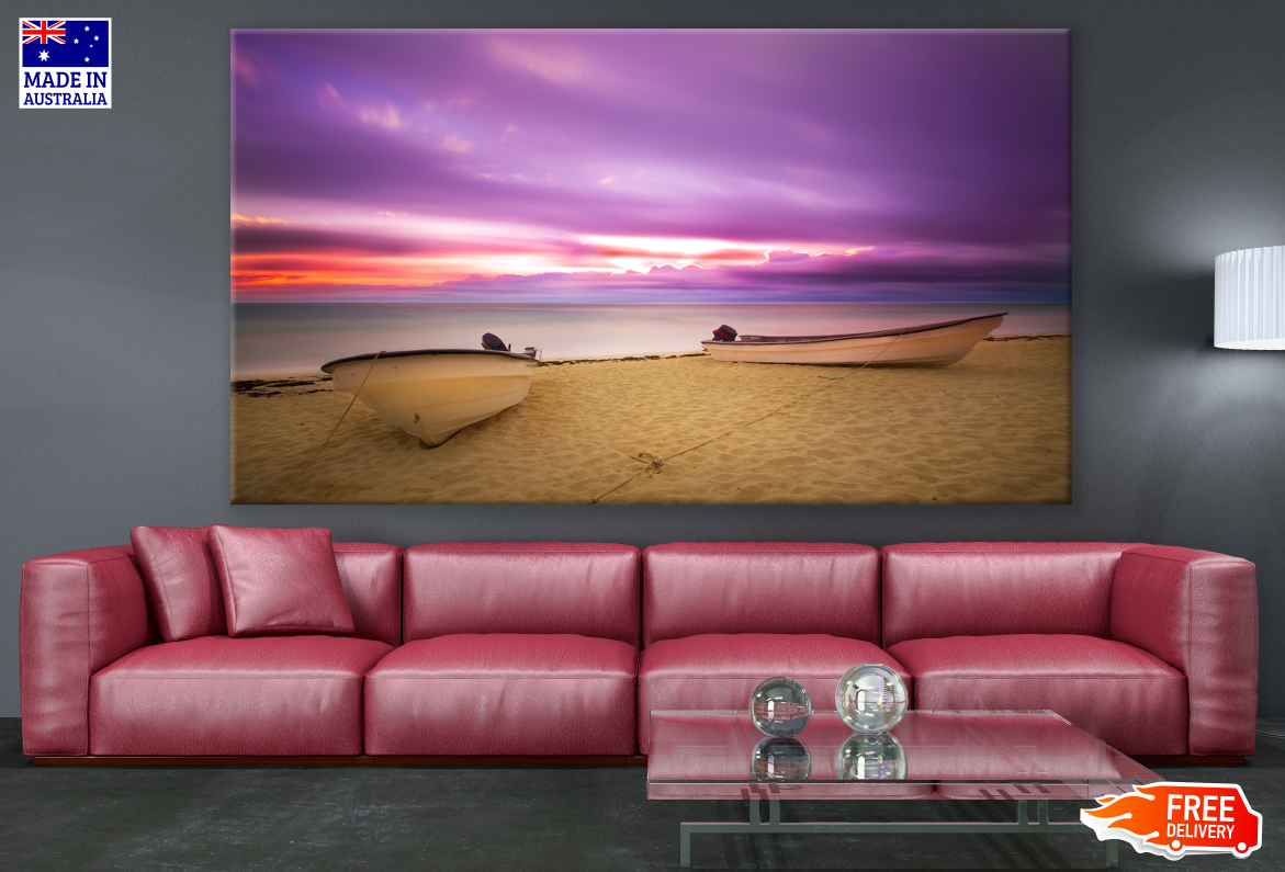 Two Boats in the Shore & Purple Sunset Sky Print 100% Australian Made