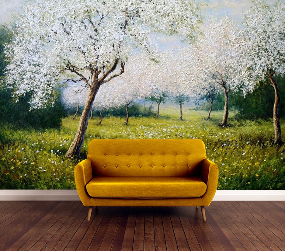 Wallpaper Murals Peel and Stick Removable Tree Park with Flowers Painting High Quality