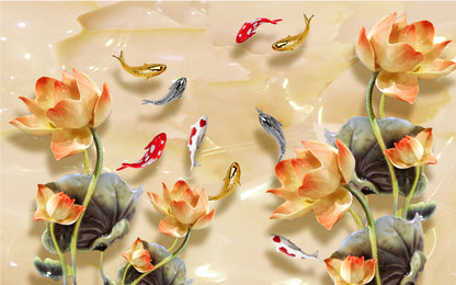 Wallpaper Murals Peel and Stick Removable Flowers & Fish 3D Design High Quality