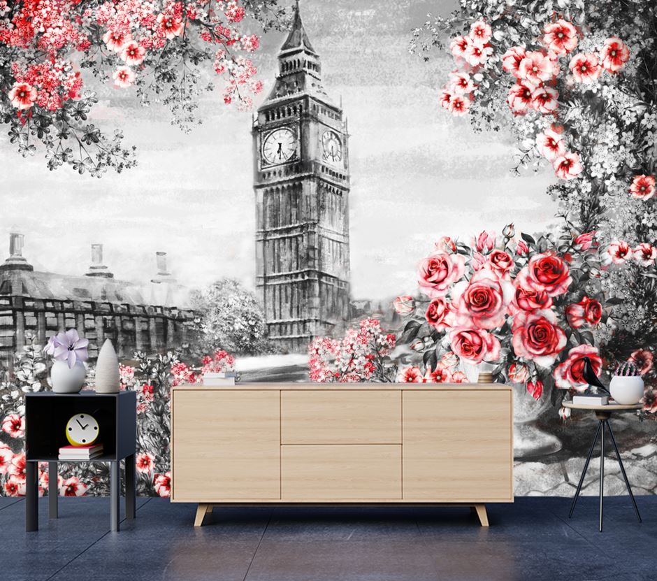 Wallpaper Murals Peel and Stick Removable Clock Tower & Flowers Painting High Quality