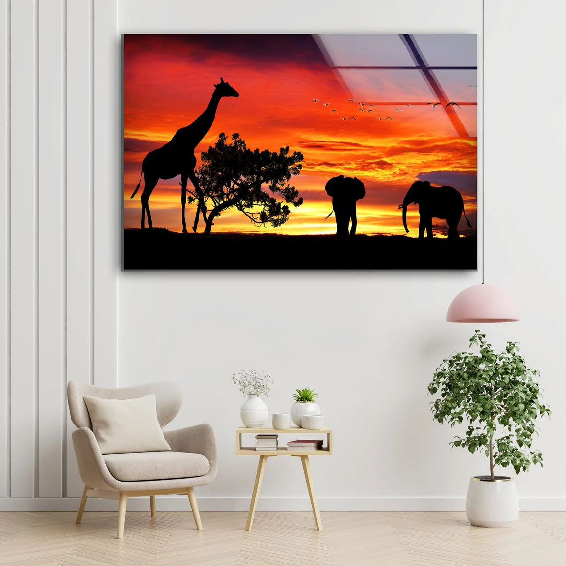 Giraffe & Elephants Sunset Design Acrylic Glass Print Tempered Glass Wall Art 100% Made in Australia Ready to Hang