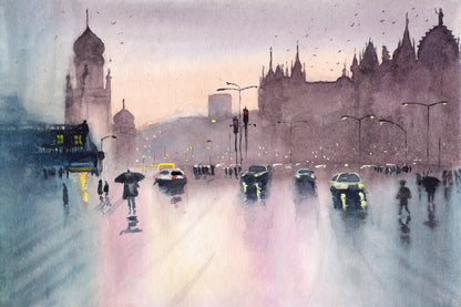 Rainy Cityscape Watercolor Painting Mumbai Print 100% Australian Made