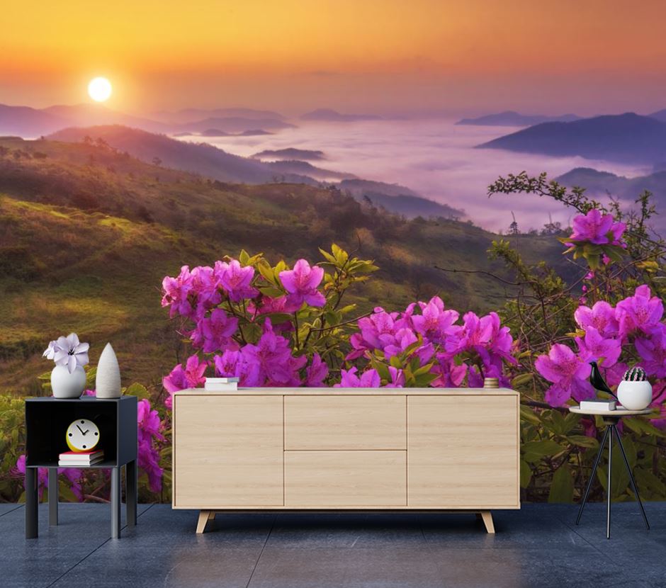 Wallpaper Murals Peel and Stick Removable Nature View with Flowers at Sunset High Quality