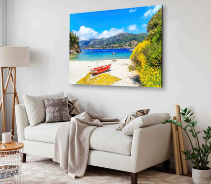 Bella Home Boat on Beach & Blue Sea View Print Canvas Ready to hang