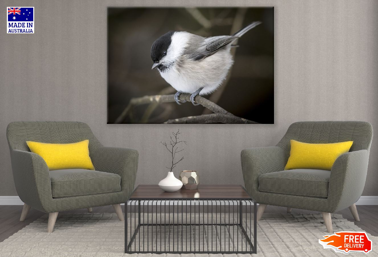 Willow Tit Bird on Tree Branch Closeup Photograph Print 100% Australian Made