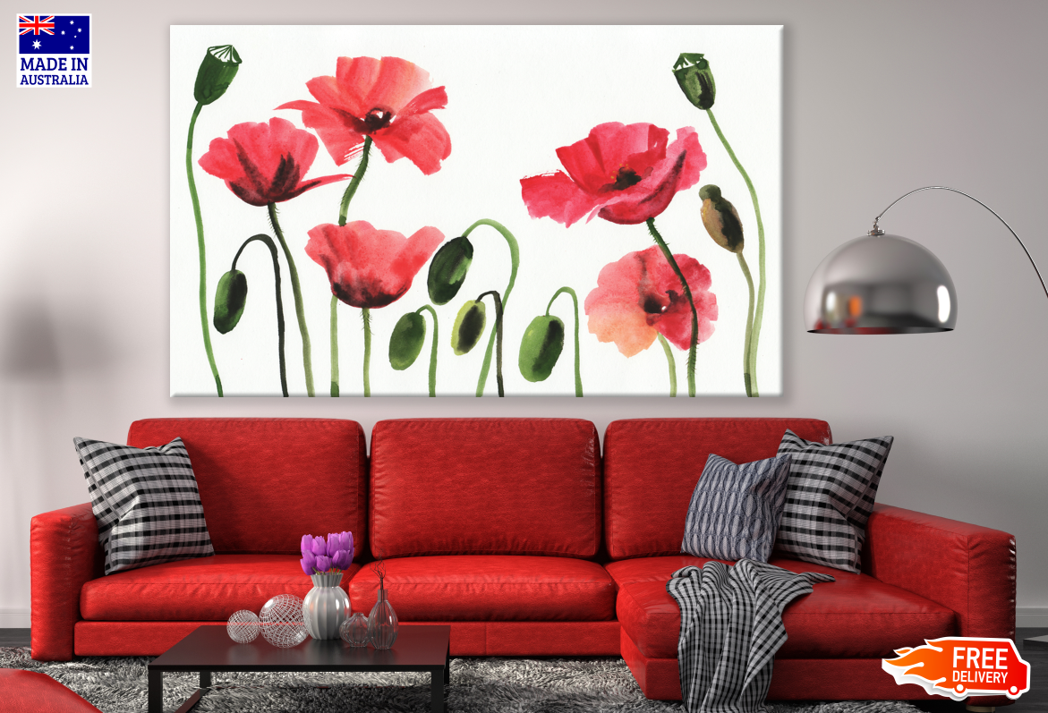 Red Poppy Flowers & Buds Painting Print 100% Australian Made