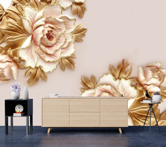 Wallpaper Murals Peel and Stick Removable 3D Gold Floral Design High Quality