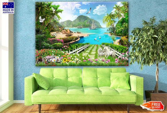 Stunning Landscape with Boats & Animals with beach Print 100% Australian Made