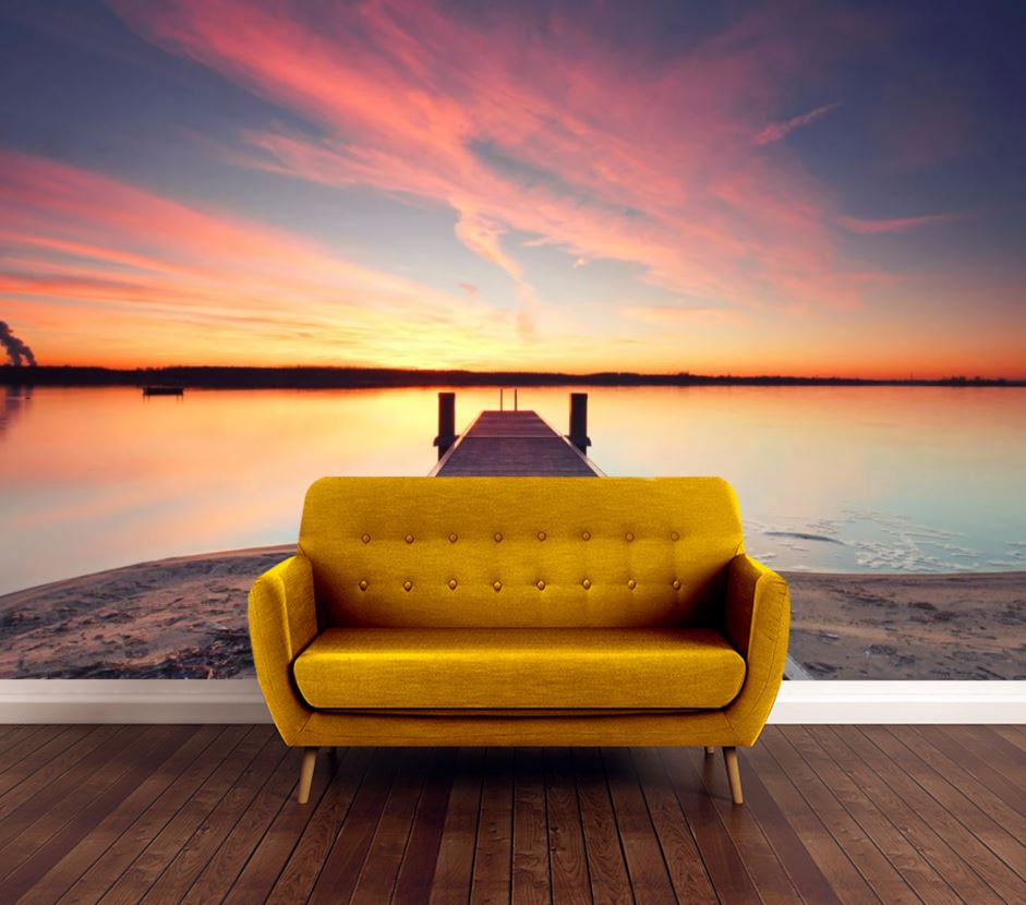 Wallpaper Murals Peel and Stick Removable Wooden Pier Over Lake at Sunset High Quality