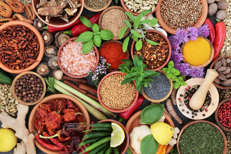 Herb and Spice Assortment in Bowls Top View Photograph Print 100% Australian Made