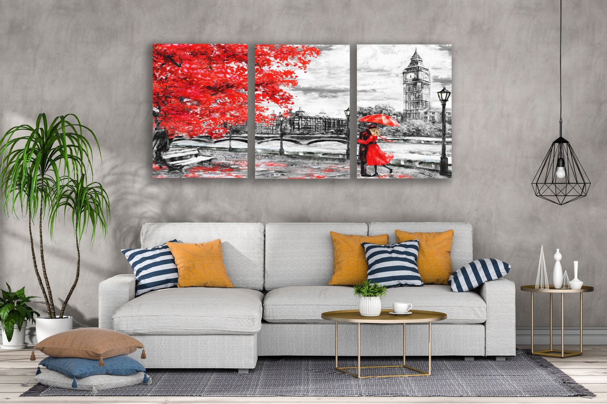 3 Set of Couple in London Red , B&W Watercolor Painting High Quality Print 100% Australian Made Wall Canvas Ready to Hang