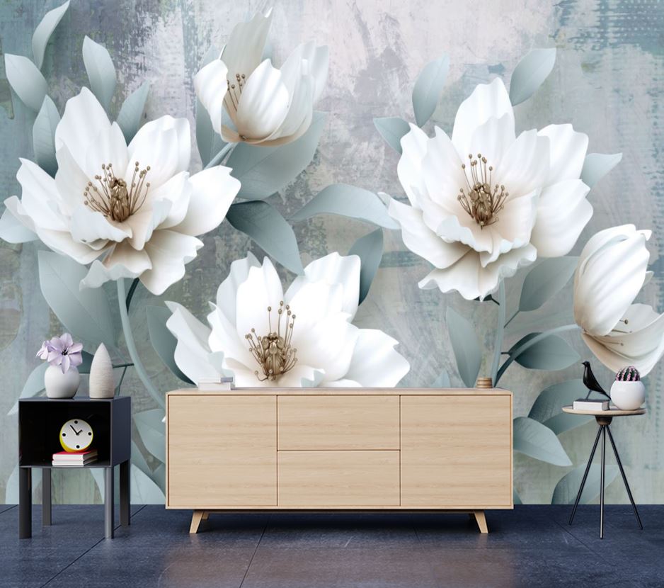 Wallpaper Murals Peel and Stick Removable Stunning White Floral Design High Quality