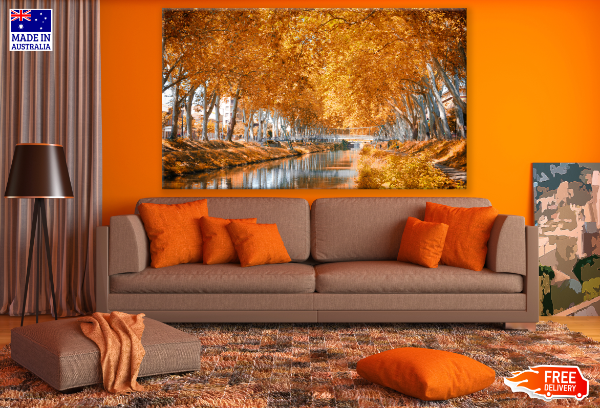 Lake Between Trees and A Bridge Across in Autumn Photograph Print 100% Australian Made