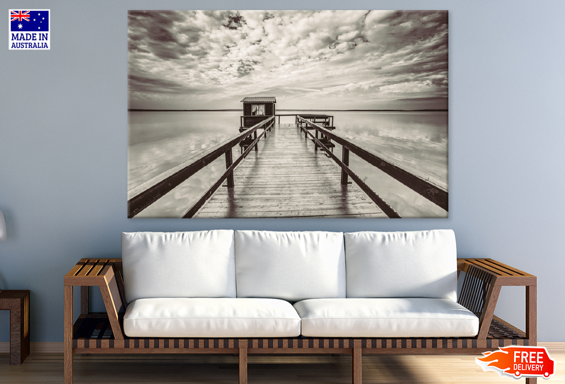 Wooden Pier On Lake B&W Photograph Print 100% Australian Made