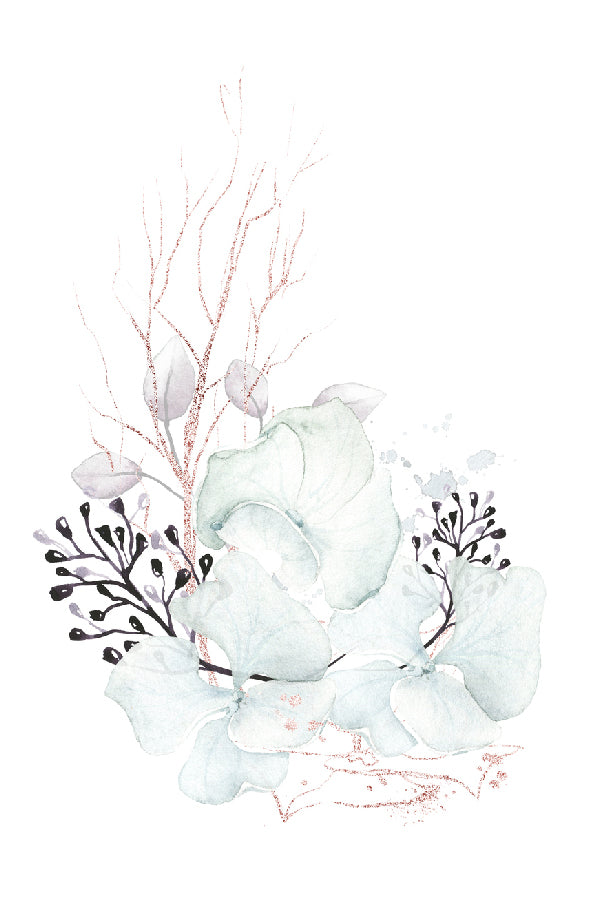 Leaves & Flowers with Branches Watercolor Line Art Design Print 100% Australian Made