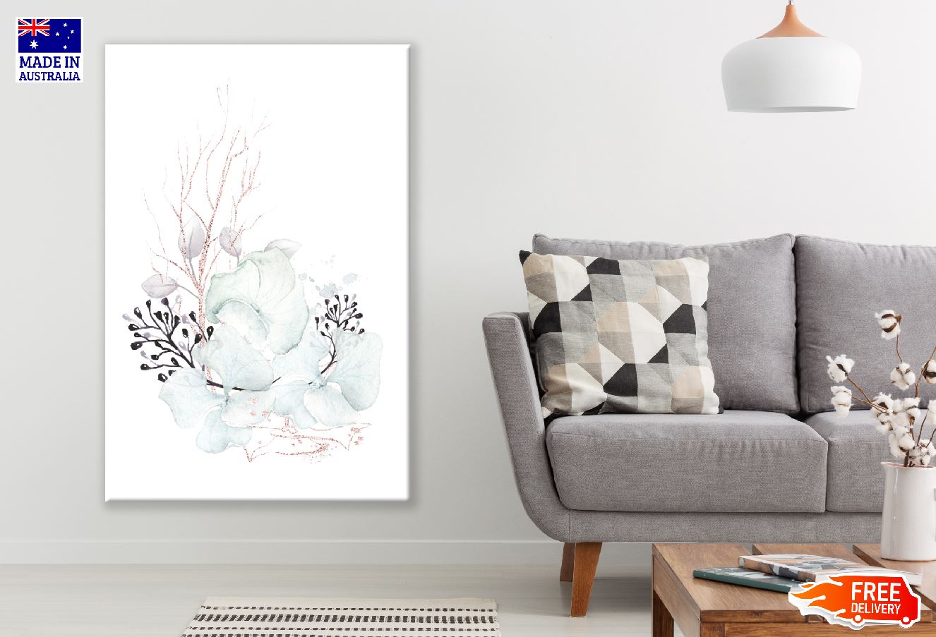 Leaves & Flowers with Branches Watercolor Line Art Design Print 100% Australian Made