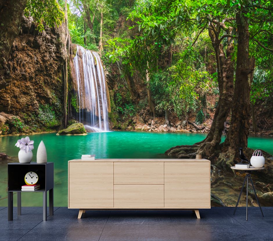 Wallpaper Murals Peel and Stick Removable Stunning Waterfall in Deep Forest High Quality