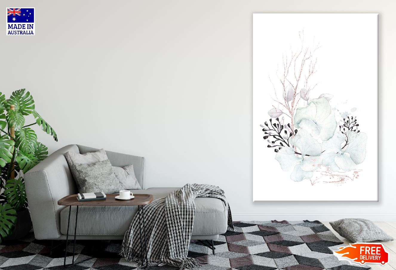 Leaves & Flowers with Branches Watercolor Line Art Design Print 100% Australian Made