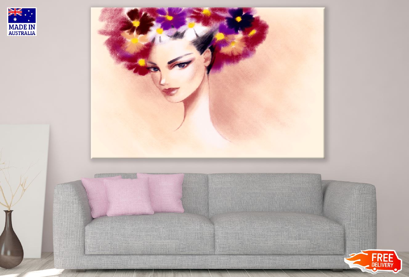 Woman with Flower Headdress on Head Pastel Painting Print 100% Australian Made