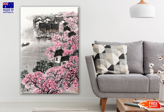 Pink Flower Trees & Houses Painting Print 100% Australian Made
