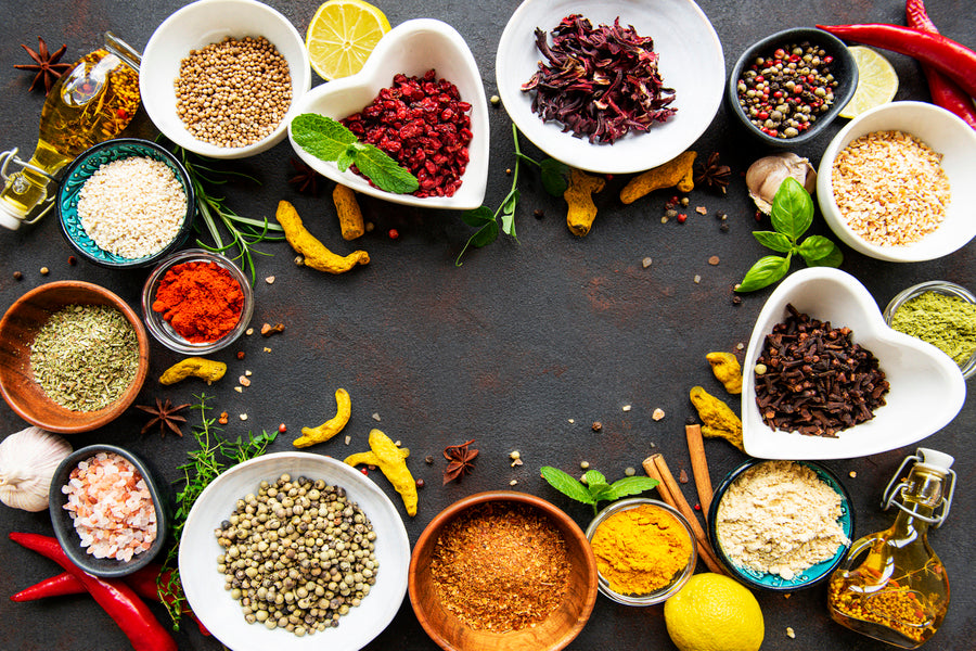 Various Spices in a Bowls Top View Photograph Print 100% Australian Made