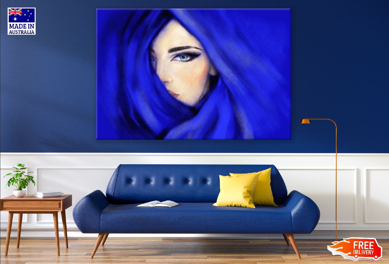 Blue Scarf Woman Face Fashion Pastel Painting Print 100% Australian Made