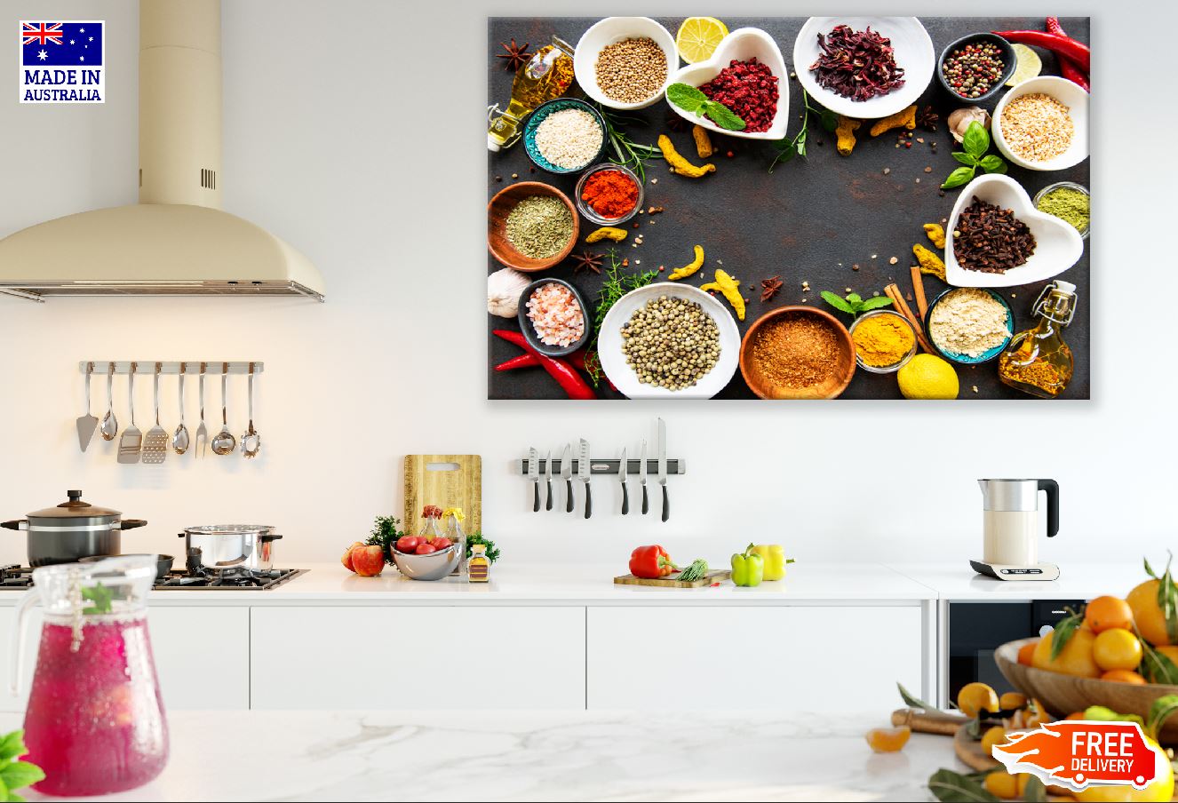 Various Spices in a Bowls Top View Photograph Print 100% Australian Made