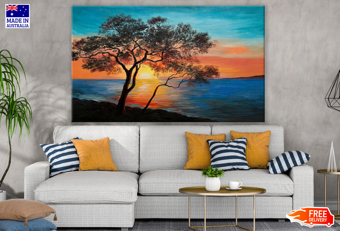 Tree Near Beach Sunset Painting Print 100% Australian Made