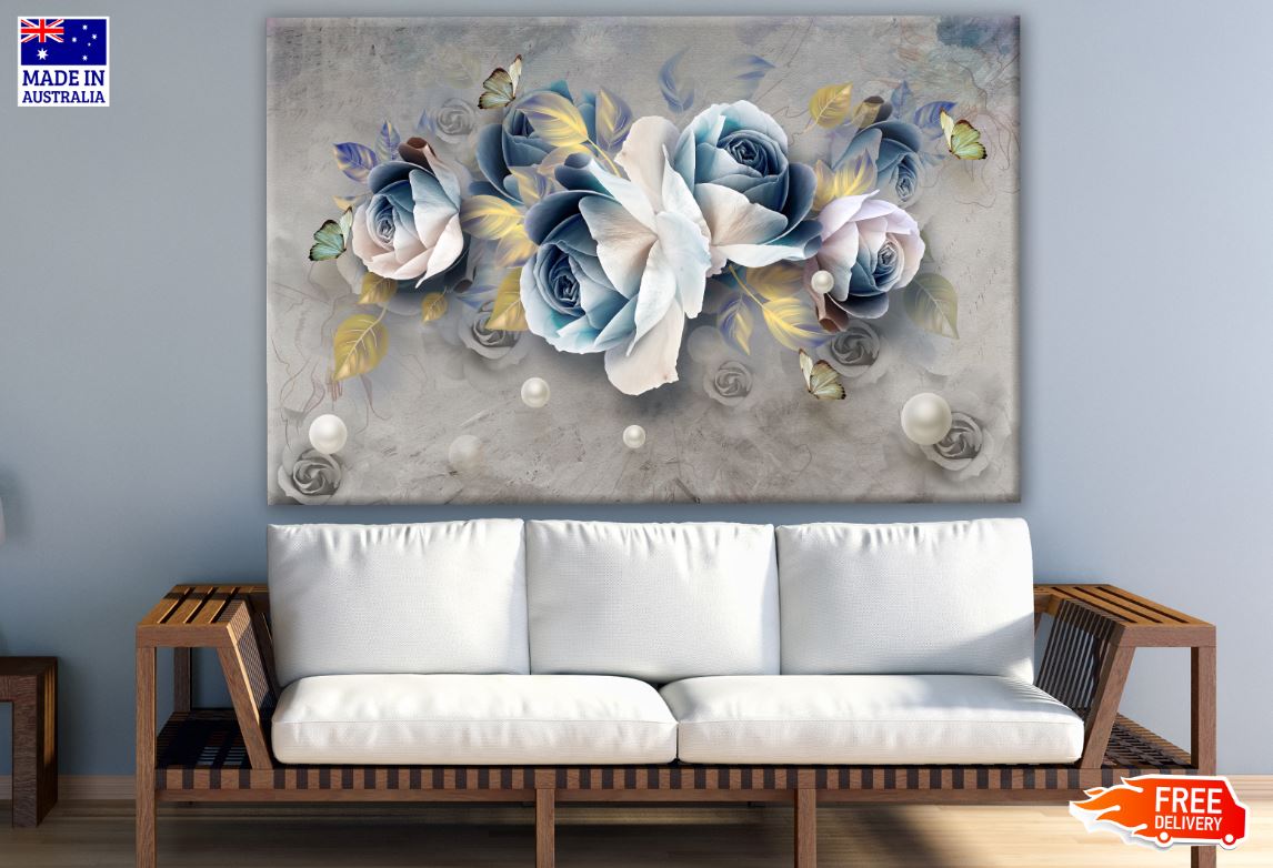 3D Blue & White Rose Floral Design Print 100% Australian Made