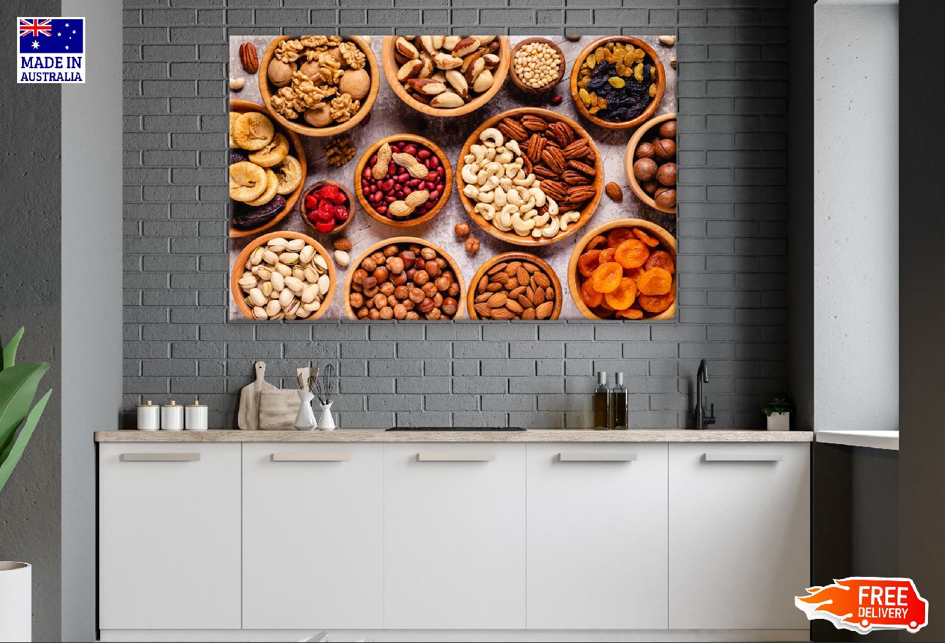 Nuts and Dried Fruits in Wooden Bowls Top View Photograph Print 100% Australian Made