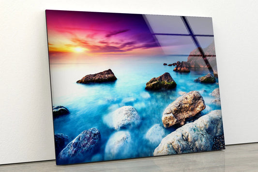 Sea with Rocks Sunset Scenery Photograph Acrylic Glass Print Tempered Glass Wall Art 100% Made in Australia Ready to Hang