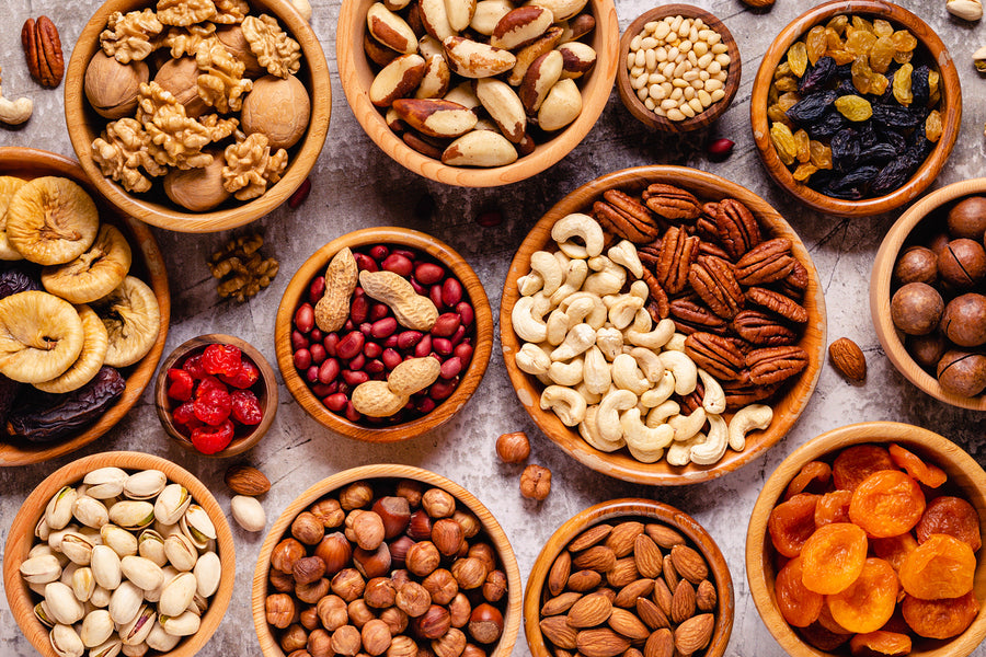 Nuts and Dried Fruits in Wooden Bowls Top View Photograph Print 100% Australian Made