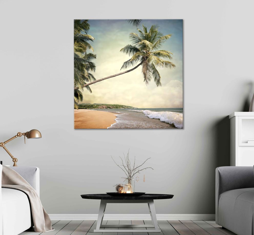 Square Canvas Palm Tree & Sea Vintage View Photograph High Quality Print 100% Australian Made