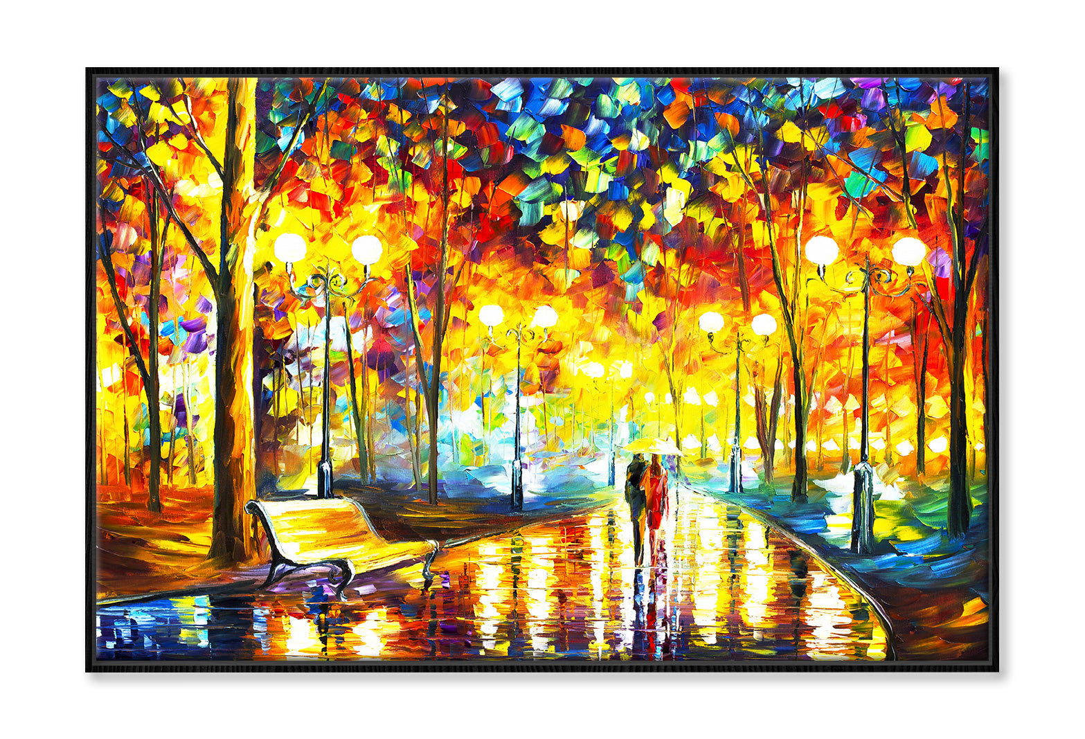 Couple Walking on Road with Autumn Trees Oil Painting Wall Art Limited Edition High Quality Print Canvas Box Framed Black