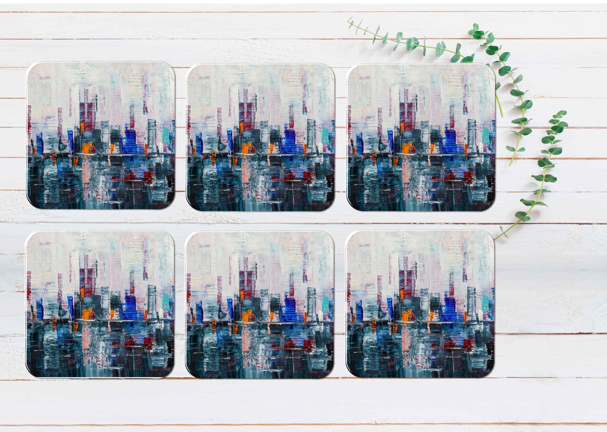 Colorful Watercolor Abstract City Coasters Wood & Rubber - Set of 6 Coasters