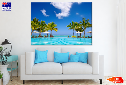 Palm Trees With Swimming Pool & Sea Sky View Photograph Print 100% Australian Made