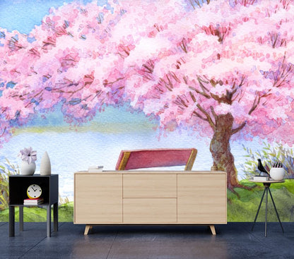 Wallpaper Murals Peel and Stick Removable Wooden Bench on the Riverbank Under Beautiful Flowering Pink Peach Tree Watercolor Painting High Quality